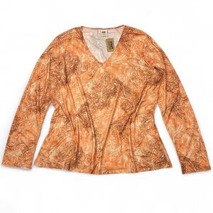 Y2K orange and brown paisley print long sleeve v neck shirt